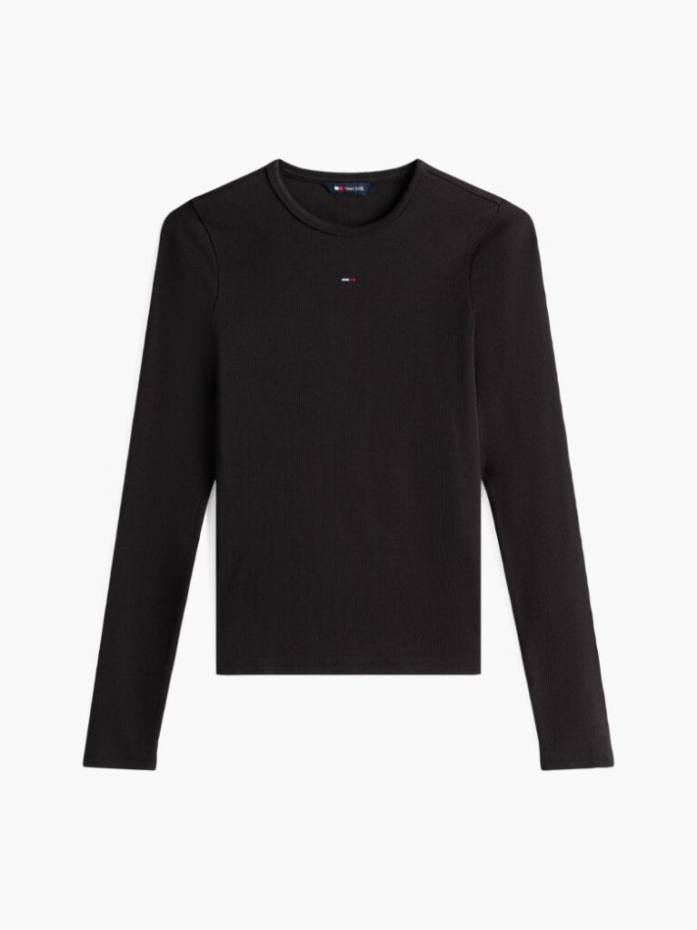 Negru Tricou Slim Cu Maneca Lunga Si Guler Riplat  Femei