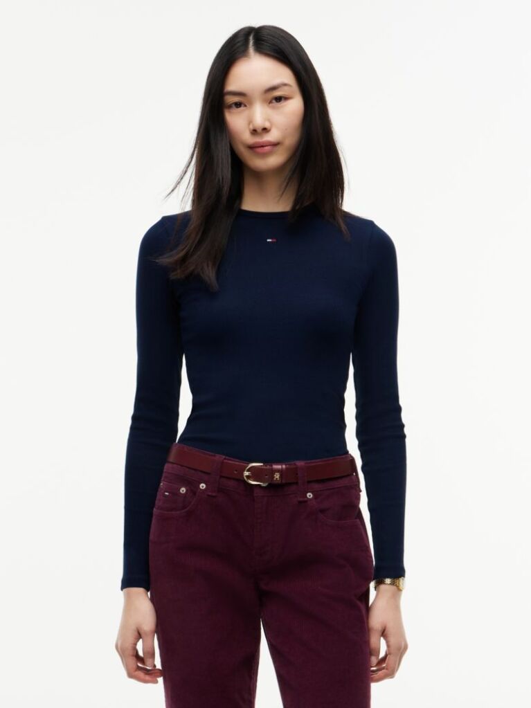 Blue Tricou Slim Cu Maneca Lunga Si Guler Riplat  Femei