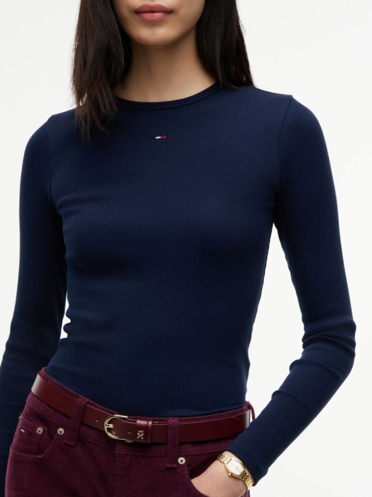 Blue Tricou Slim Cu Maneca Lunga Si Guler Riplat  Femei
