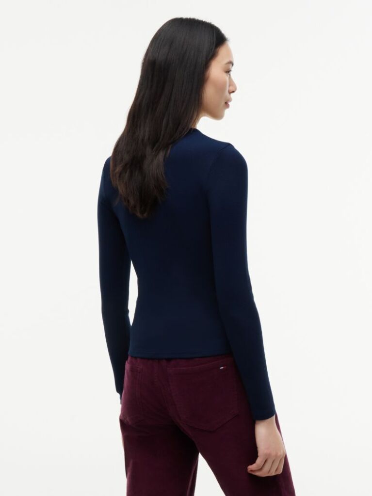 Blue Tricou Slim Cu Maneca Lunga Si Guler Riplat  Femei
