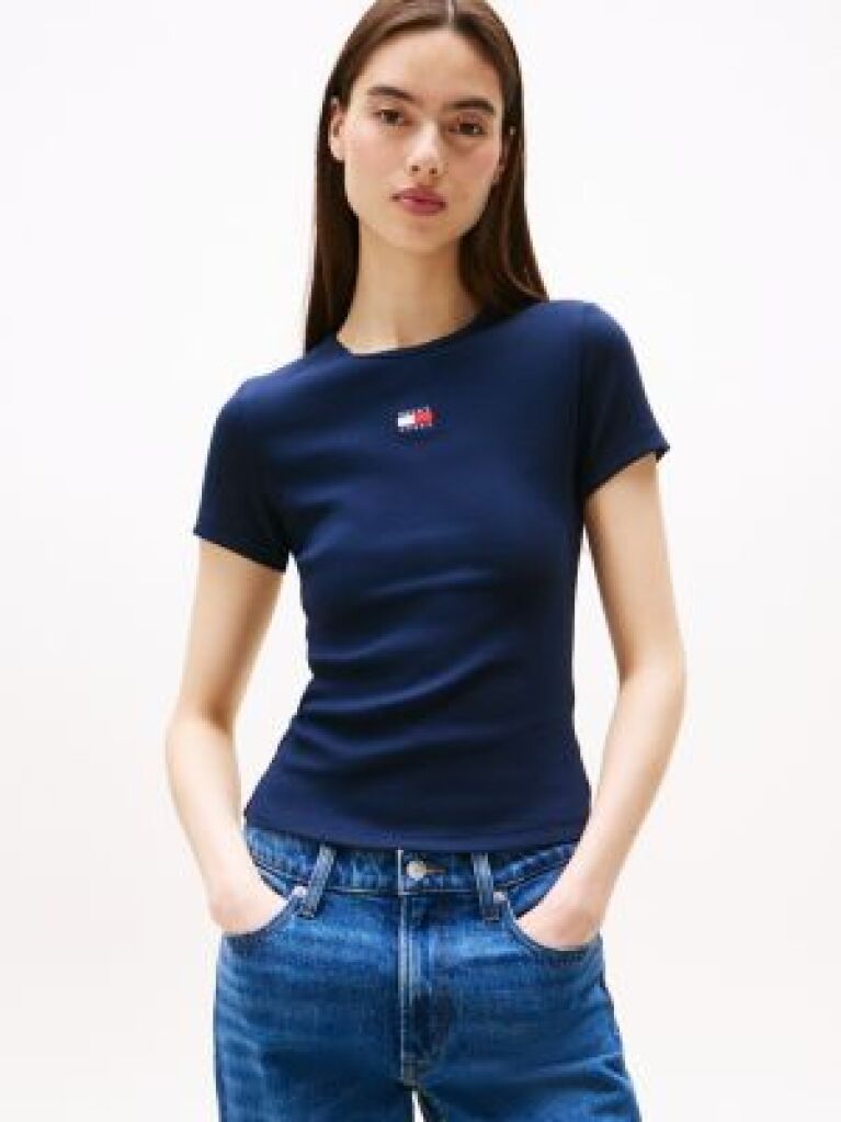 Blue TricouTommy Badge Ribbed Slim   Femei