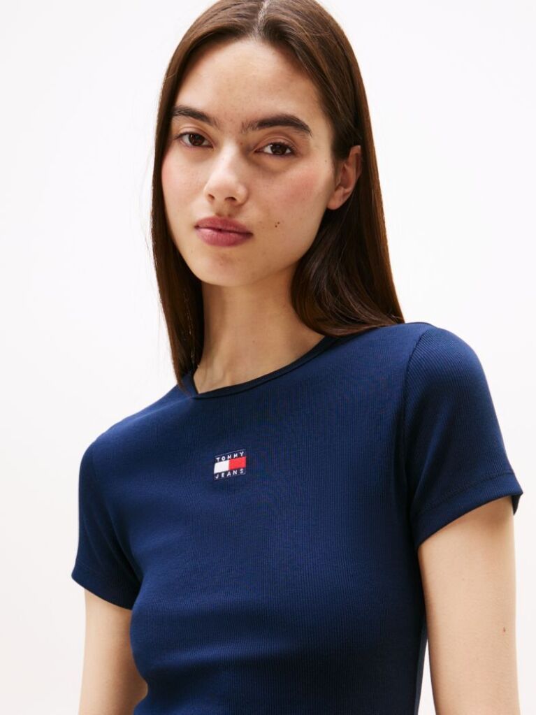 Blue TricouTommy Badge Ribbed Slim   Femei