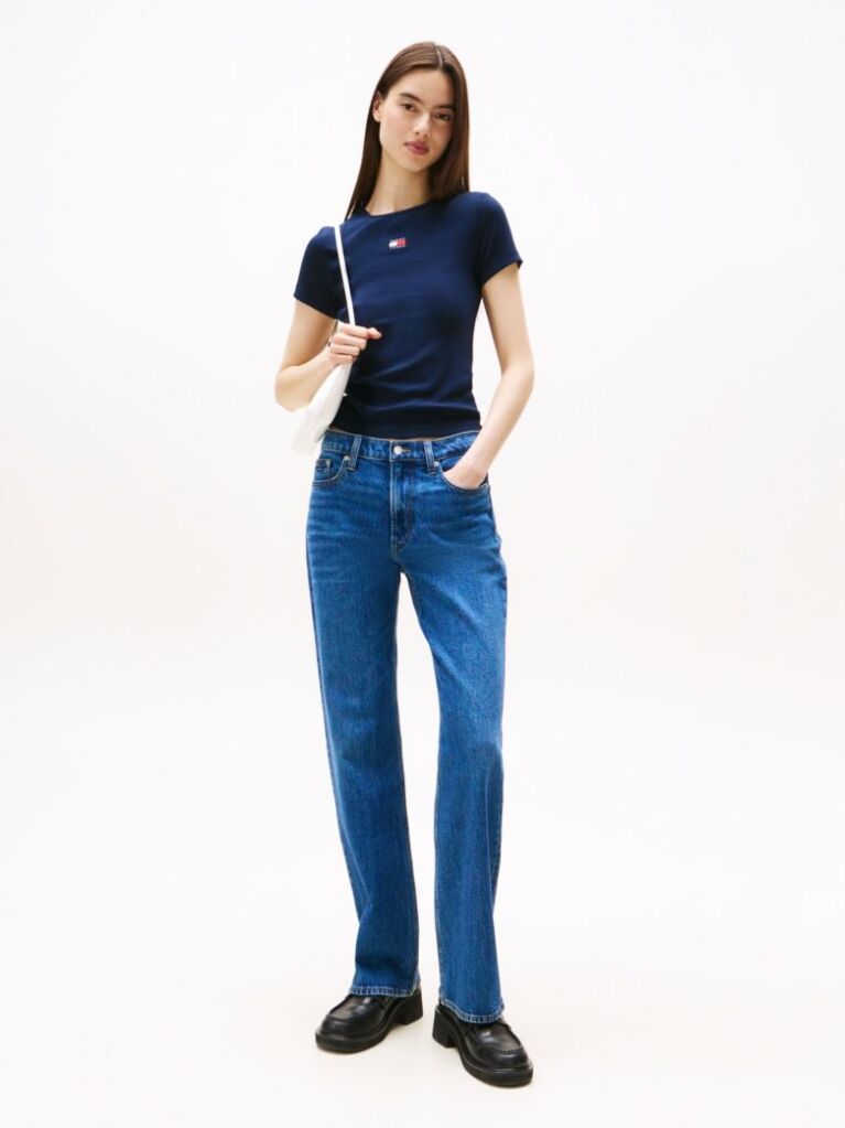 Blue TricouTommy Badge Ribbed Slim   Femei