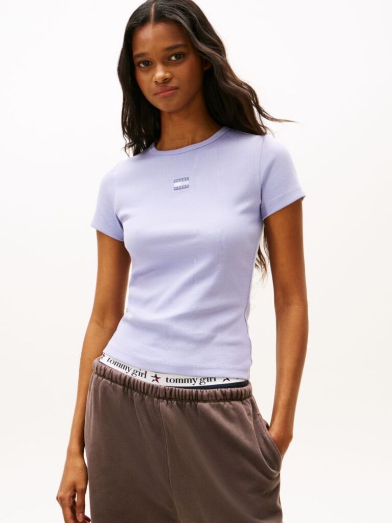 Mov TricouTommy Badge Ribbed Slim   Femei