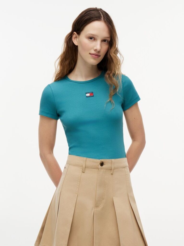 Blue TricouTommy Badge Ribbed Slim   Femei