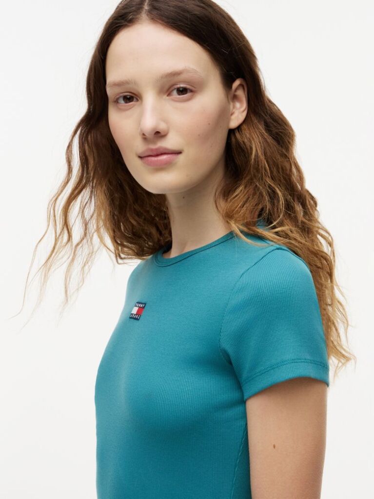 Blue TricouTommy Badge Ribbed Slim   Femei