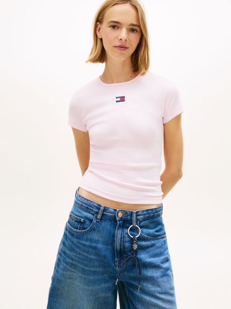 Roz TricouTommy Badge Ribbed Slim   Femei