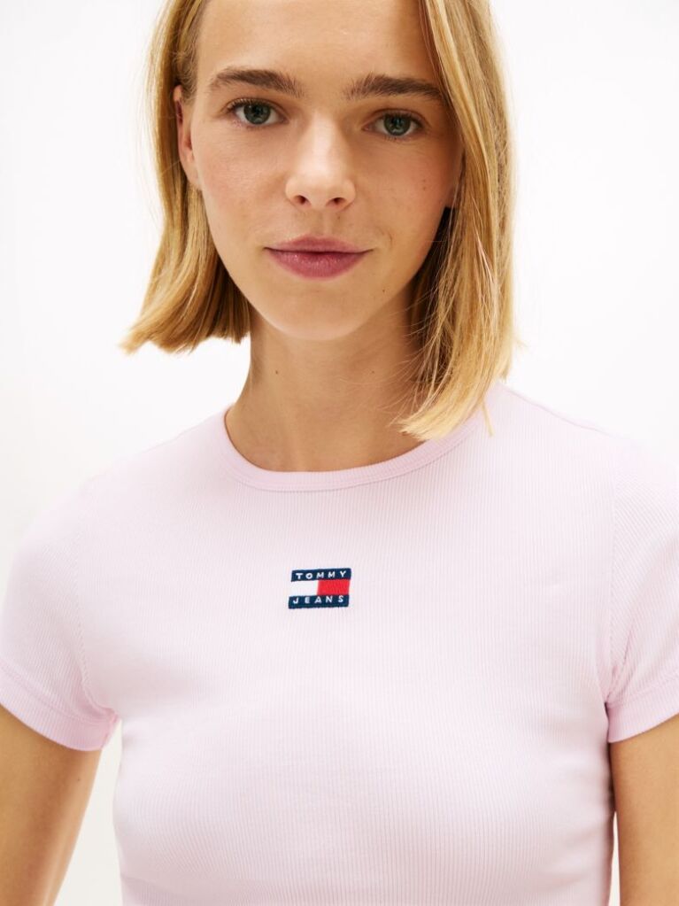 Roz TricouTommy Badge Ribbed Slim   Femei