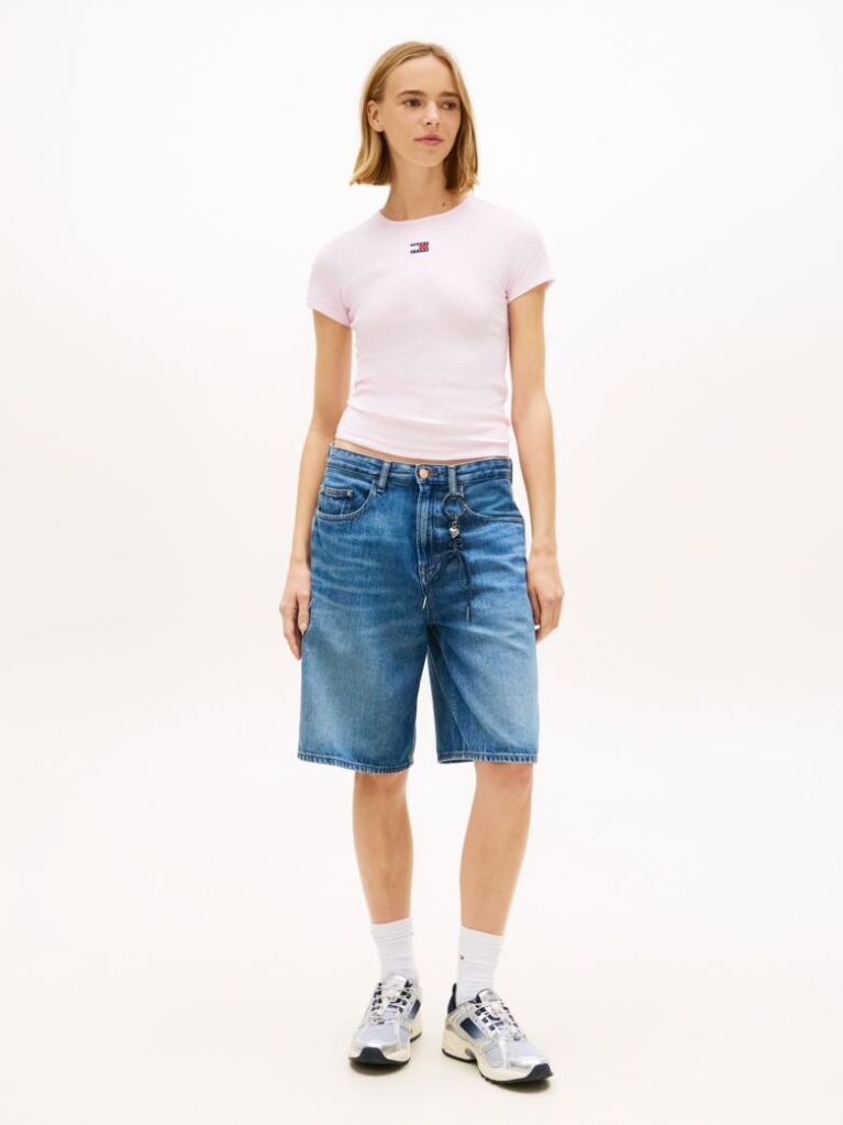 Roz TricouTommy Badge Ribbed Slim   Femei