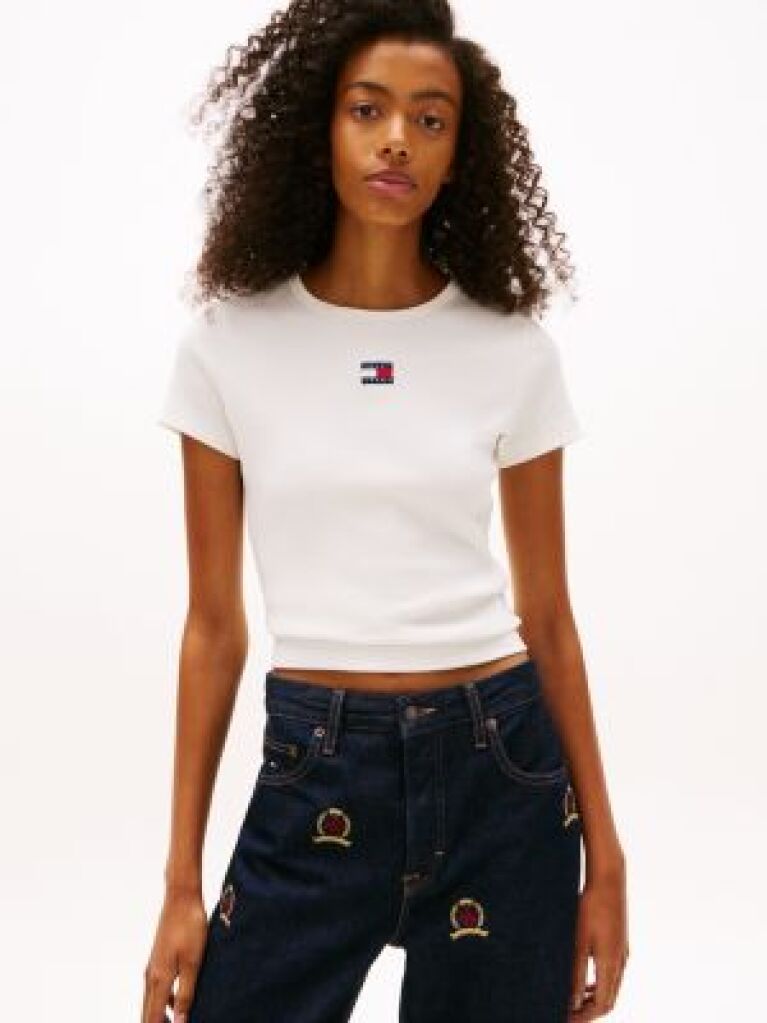 Bej TricouTommy Badge Ribbed Slim   Femei