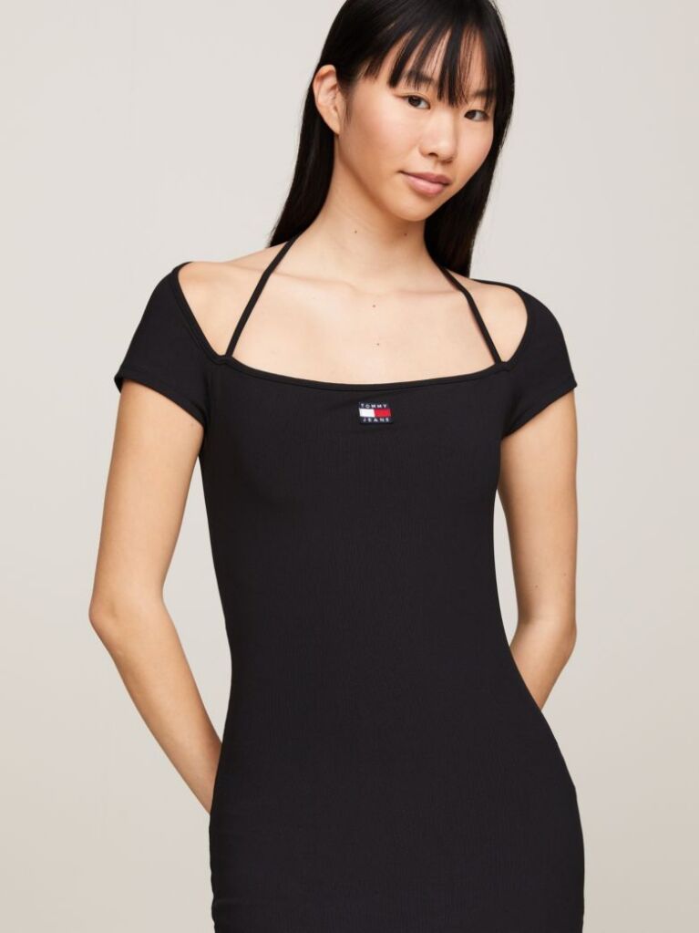 Black Tommy Badge Bodycon Ribbed Midi Dress  Women