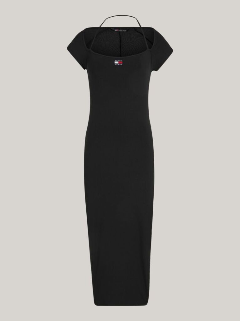 Black Tommy Badge Bodycon Ribbed Midi Dress  Women