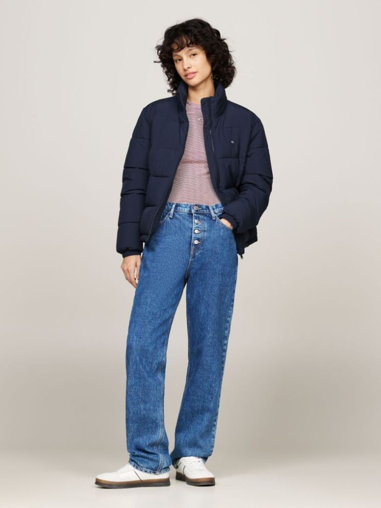 Blue Jacheta Puffer Cu Guler Inalt Si Fermoar  Femei