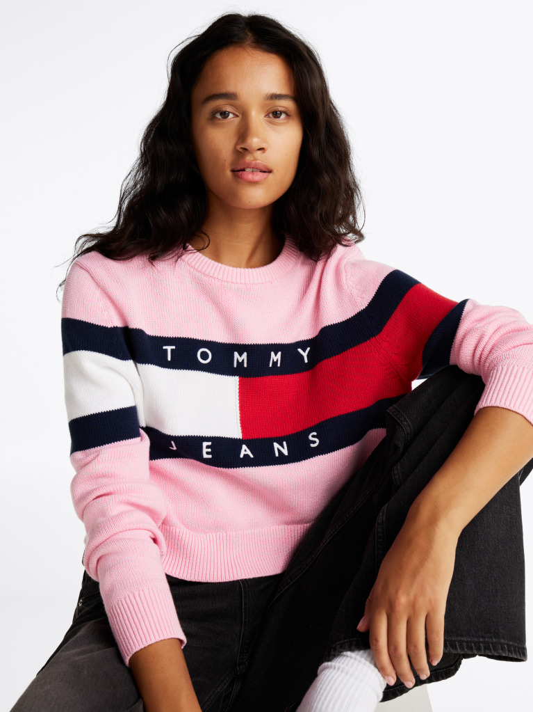 Pink Colour-Blocked Flag Relaxed Jumper  Women