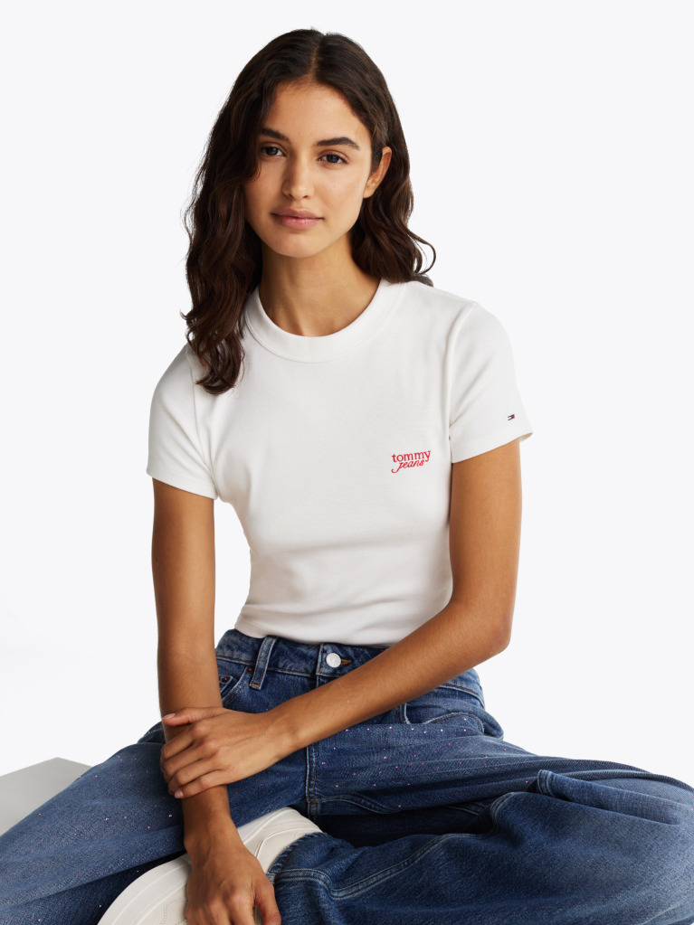 Alb Tricou Cropped Slim Cu Logo Script  Femei