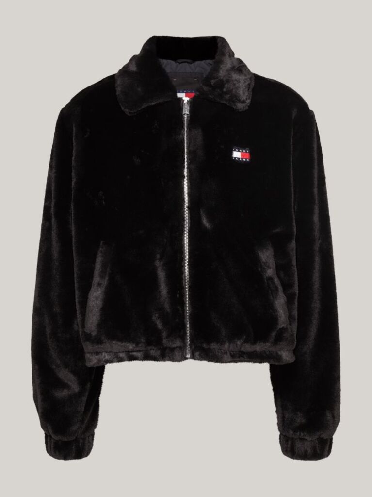 Negru Jacheta Cropped Din Blana Artificiala  Femei