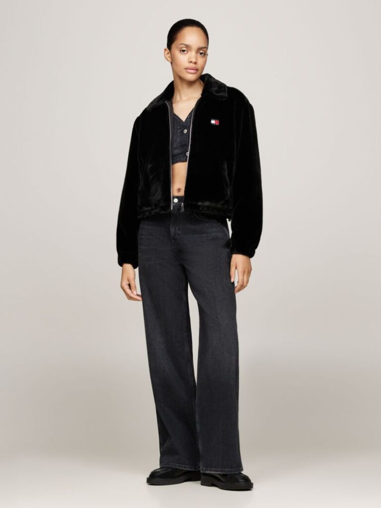 Negru Jacheta Cropped Din Blana Artificiala  Femei