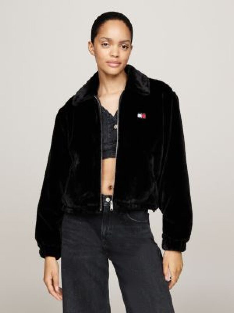 Negru Jacheta Cropped Din Blana Artificiala  Femei