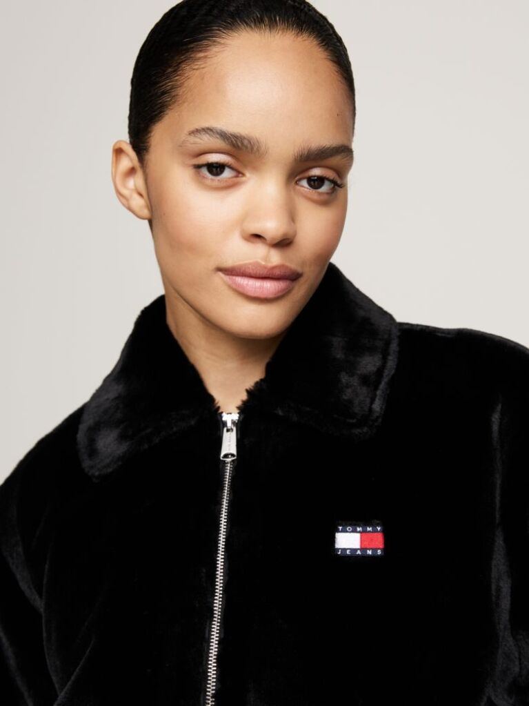 Negru Jacheta Cropped Din Blana Artificiala  Femei