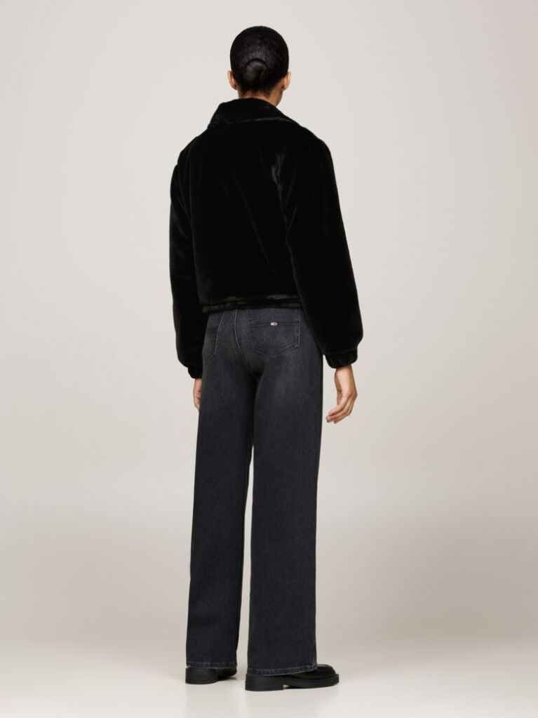 Negru Jacheta Cropped Din Blana Artificiala  Femei