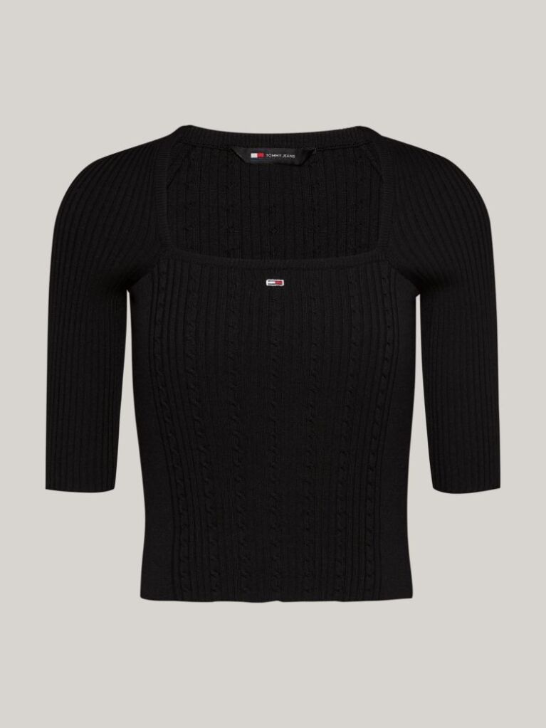 Negru Pulover Slim Cu Guler Patrat Si Maneca Scurta  Femei