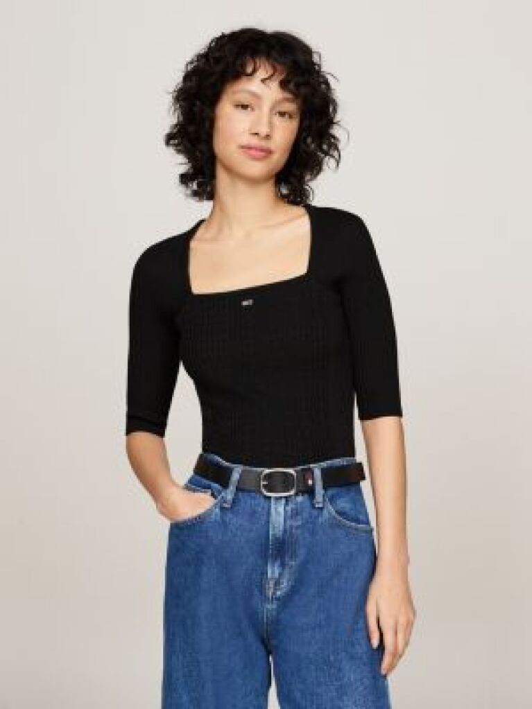 Negru Pulover Slim Cu Guler Patrat Si Maneca Scurta  Femei