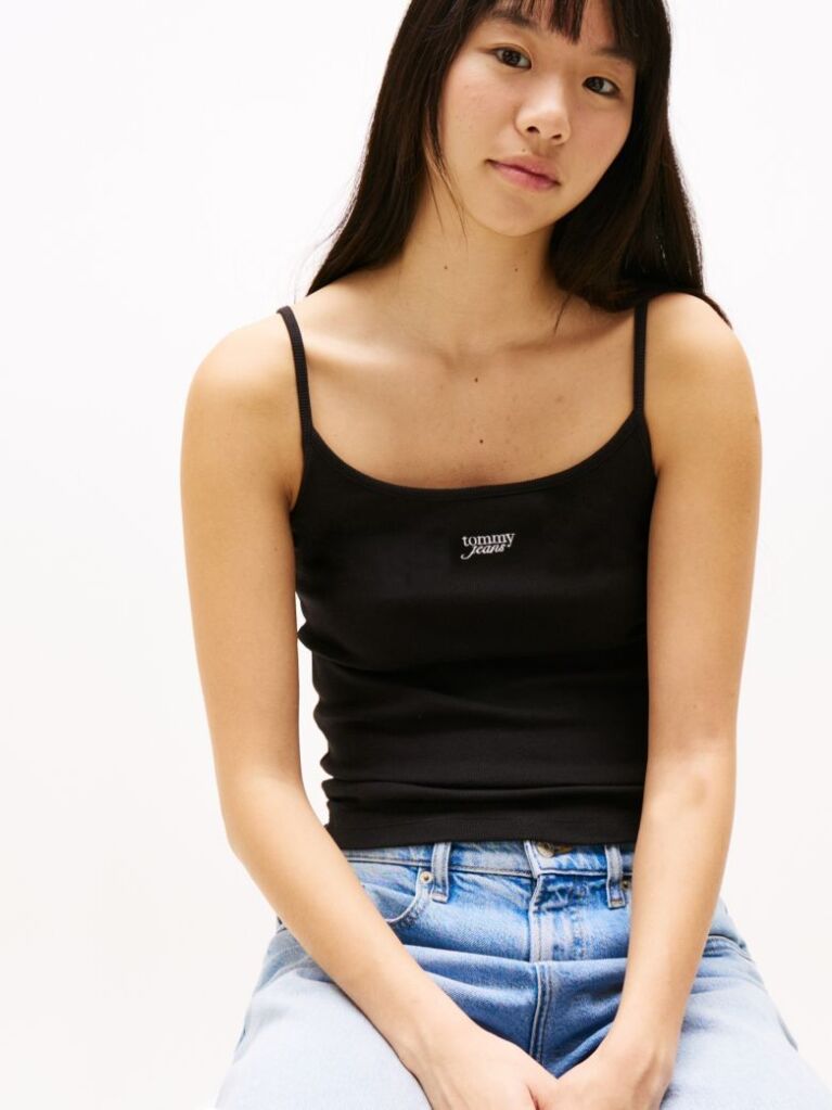 Negru Top Slim Cu Bretele Subtiri Si Textura Teasa  Femei