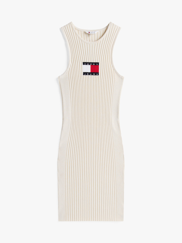 Bej Rochie Mini Fara Maneci Cu Tricotaje Ribate  Femei