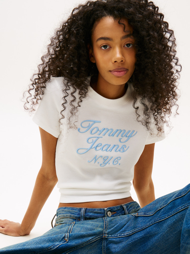 Alb Tricou Slim Cu Tricotaj Waffle Varsity  Femei