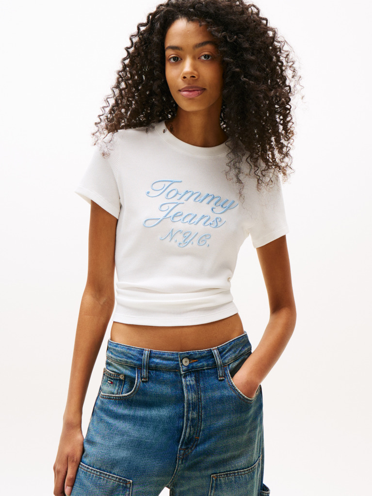 Alb Tricou Slim Cu Tricotaj Waffle Varsity  Femei