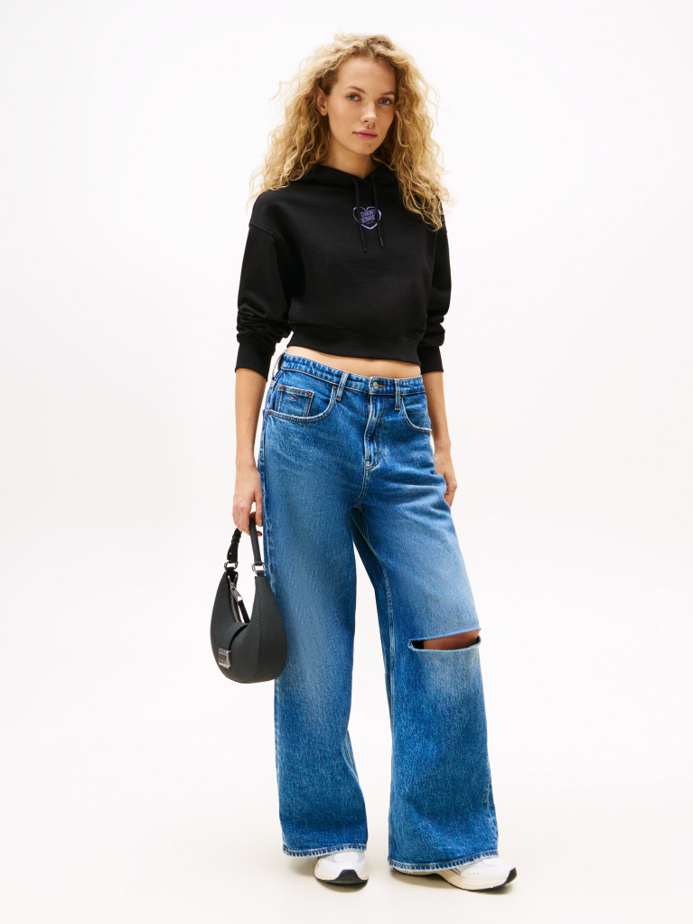 Negru Hoody Relaxat Cropped Cu Grafica  Femei