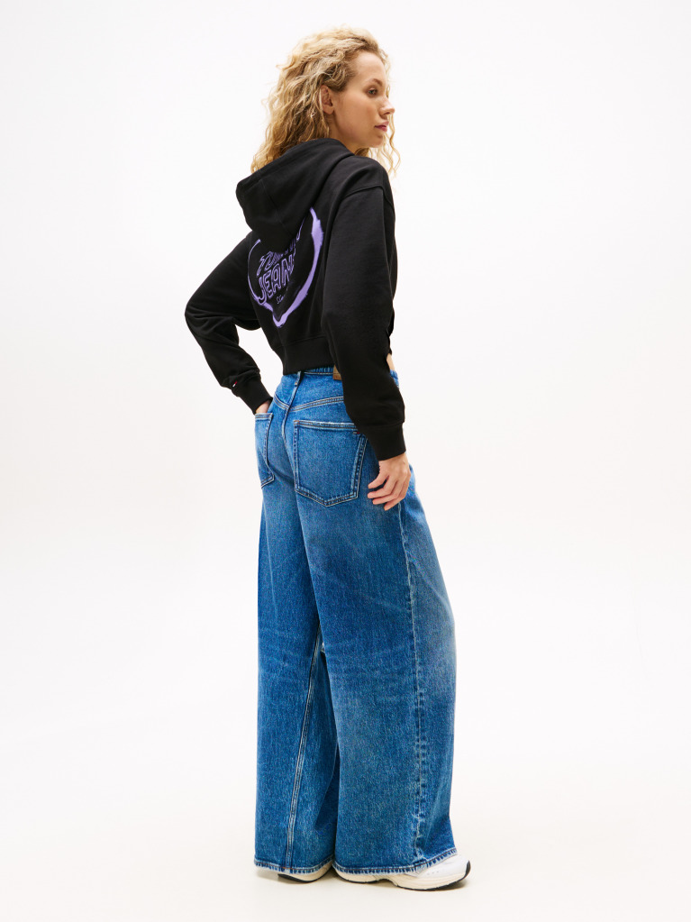 Negru Hoody Relaxat Cropped Cu Grafica  Femei