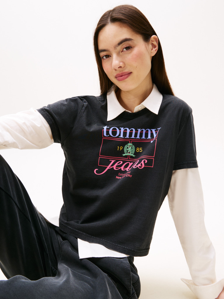 Negru Tricou Crest Regular Cu Steagul  Femei