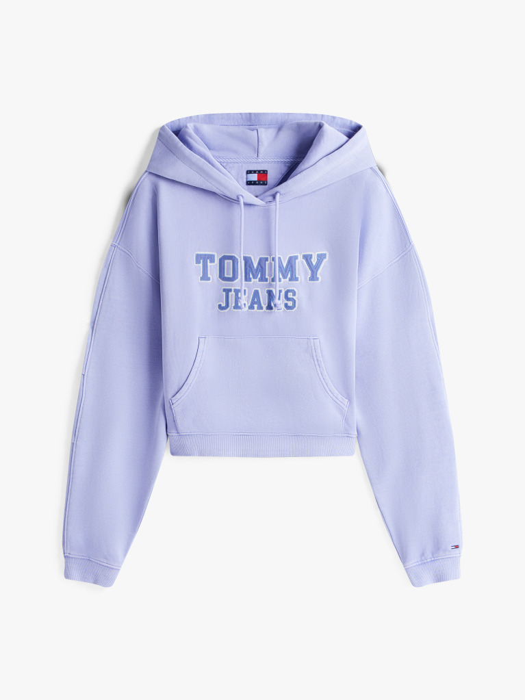 Blue Hanorac Boxy Cu Gluga Si Logo Appliqué Varsity  Femei