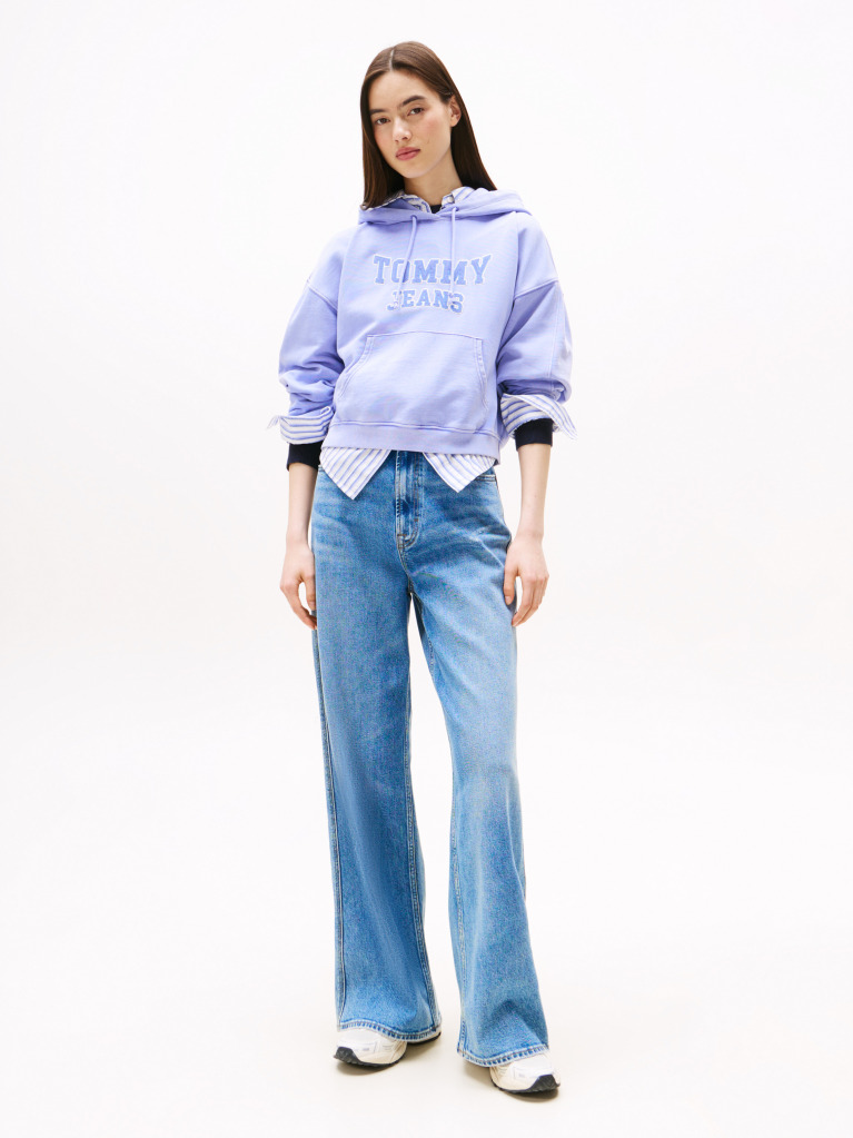 Blue Hanorac Boxy Cu Gluga Si Logo Appliqué Varsity  Femei