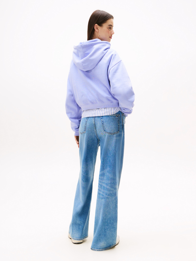 Blue Hanorac Boxy Cu Gluga Si Logo Appliqué Varsity  Femei