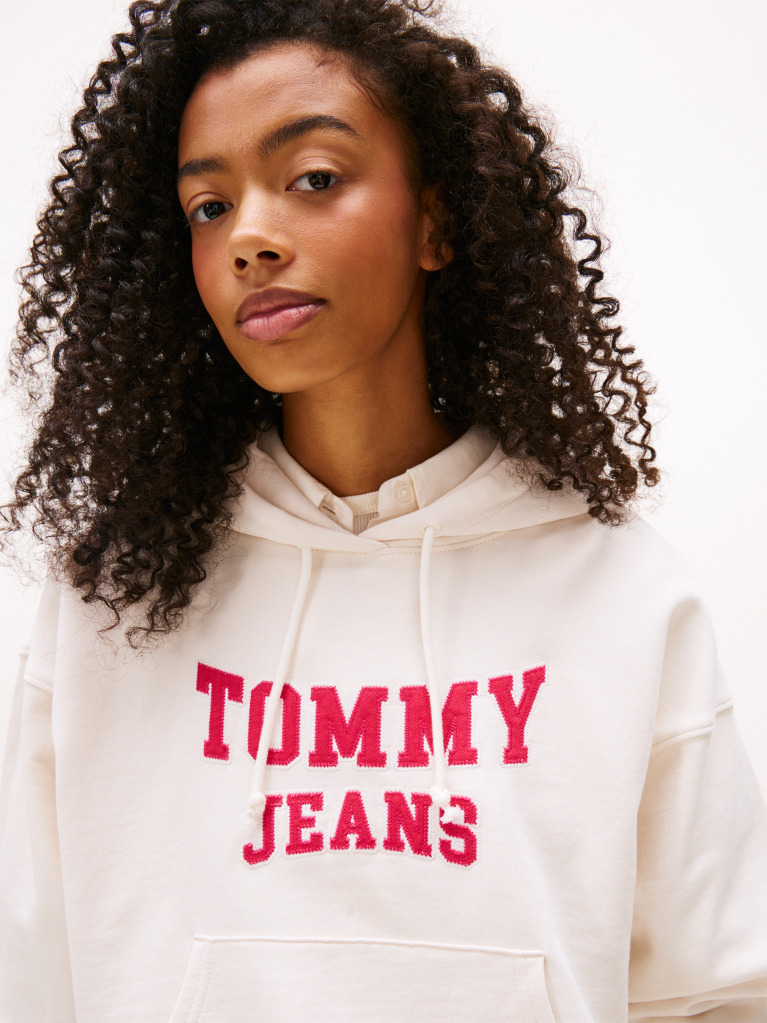 Alb Hanorac Boxy Cu Gluga Si Logo Appliqué Varsity  Femei