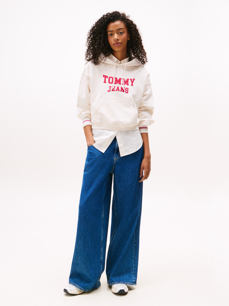 Alb Hanorac Boxy Cu Gluga Si Logo Appliqué Varsity  Femei