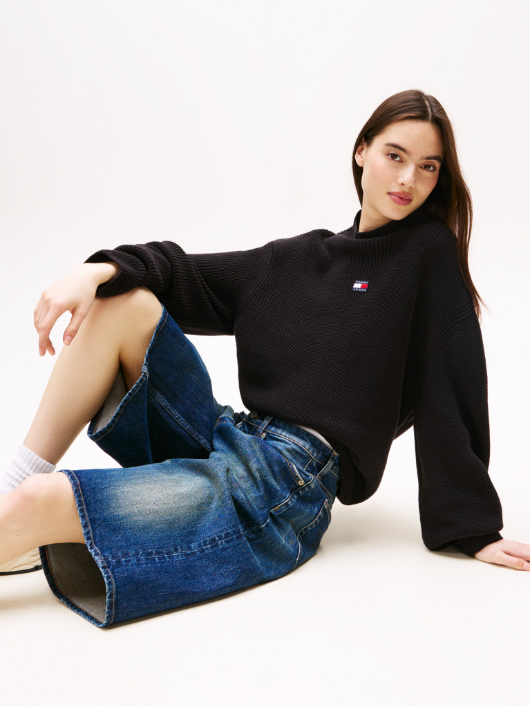 Black Tommy Badge Relaxed Mock Neck Jumper  Women