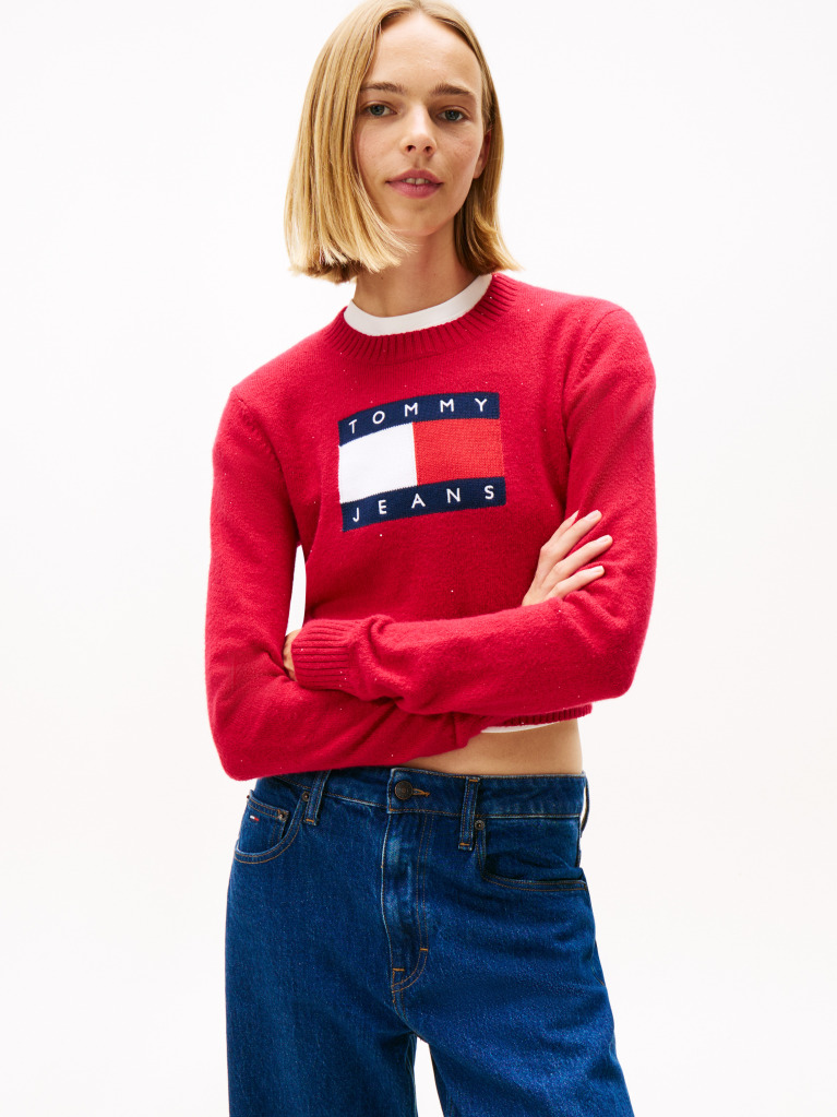 Rosu Pulover Slim Cu Emblema Tommy Flag  Femei