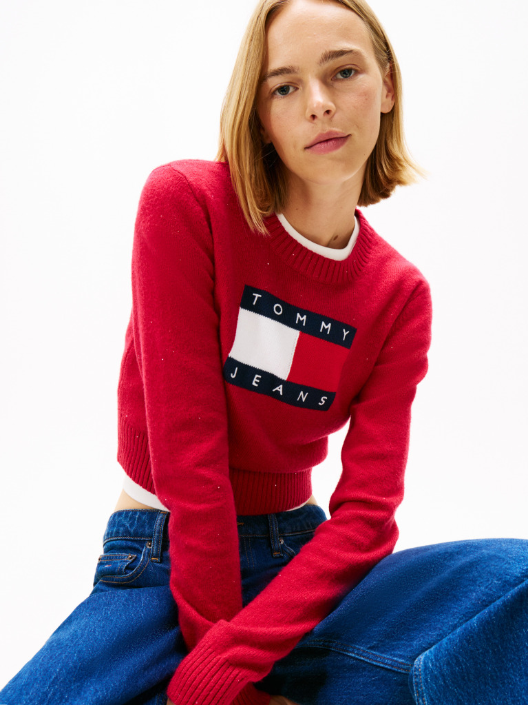 Rosu Pulover Slim Cu Emblema Tommy Flag  Femei