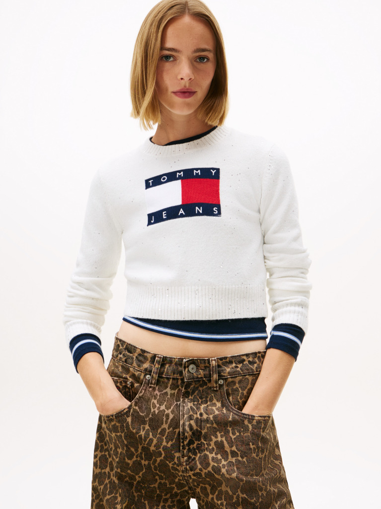Alb Pulover Slim Cu Emblema Tommy Flag  Femei