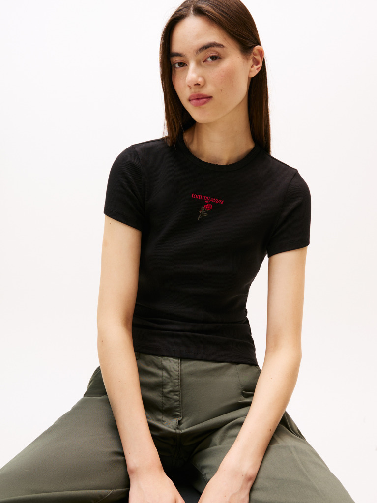 Negru Tricou Slim Cu Broderie Logo  Femei