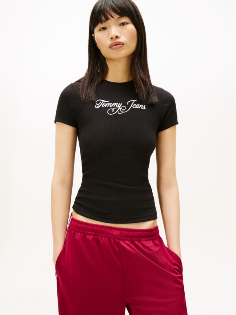 Negru Essential Tricou Rib Slim Cu Logo  Femei
