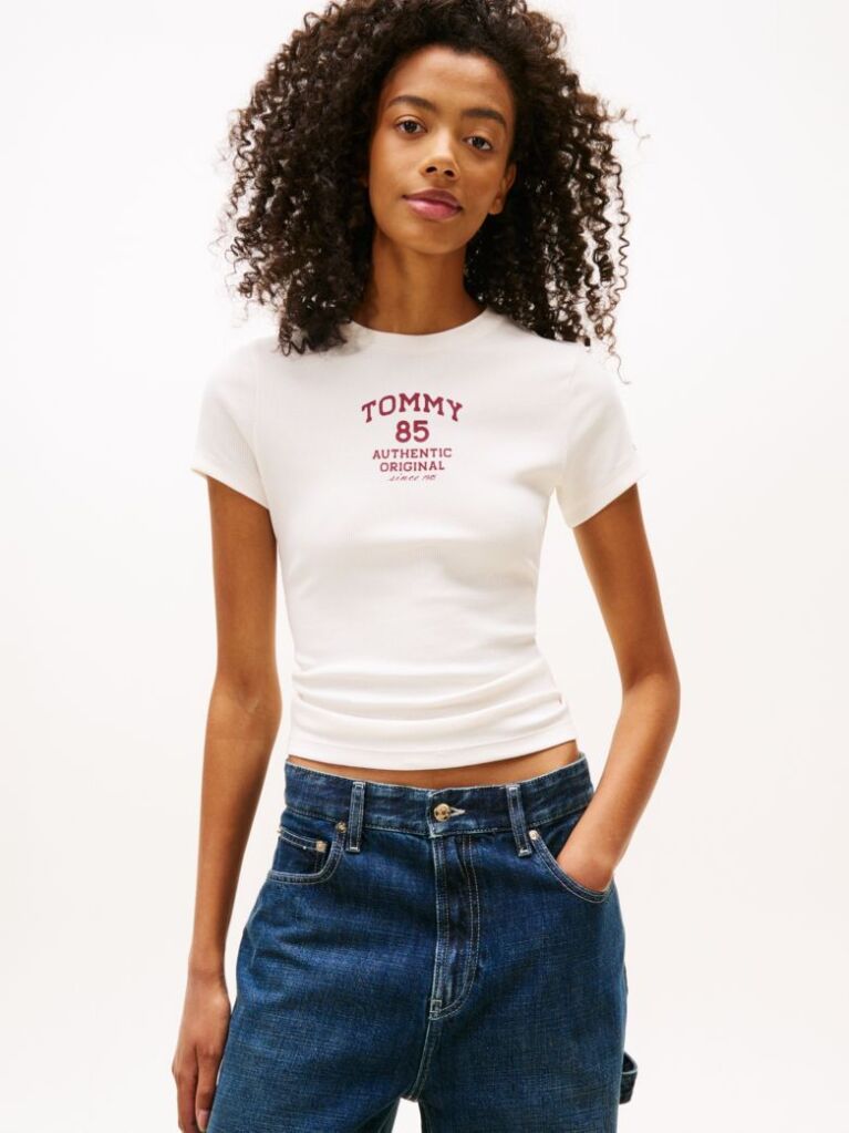 Alb Tricou Slim Cu Logo Ribbed  Femei