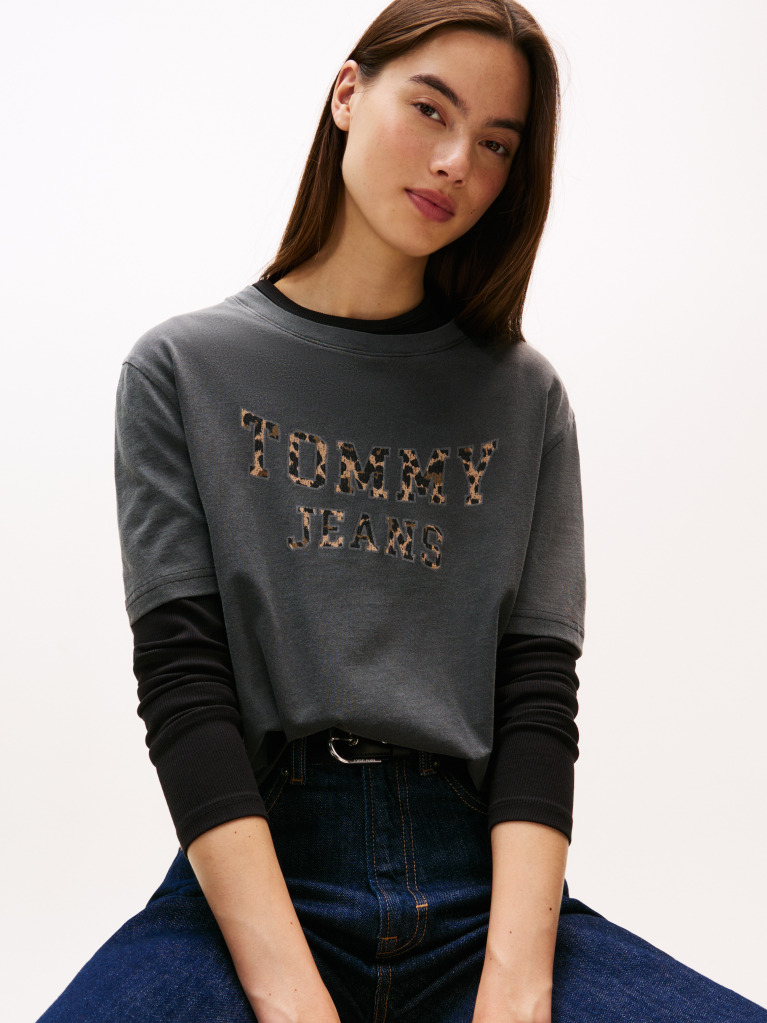 Negru Tricou Boxy Leopard Varsity  Femei