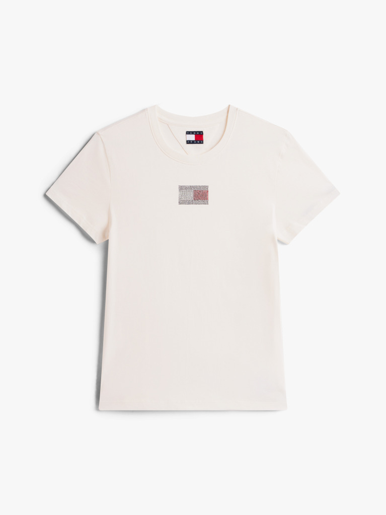 Alb Tricou Cu Guler Rotund Si Emblema Diamante Flag  Femei