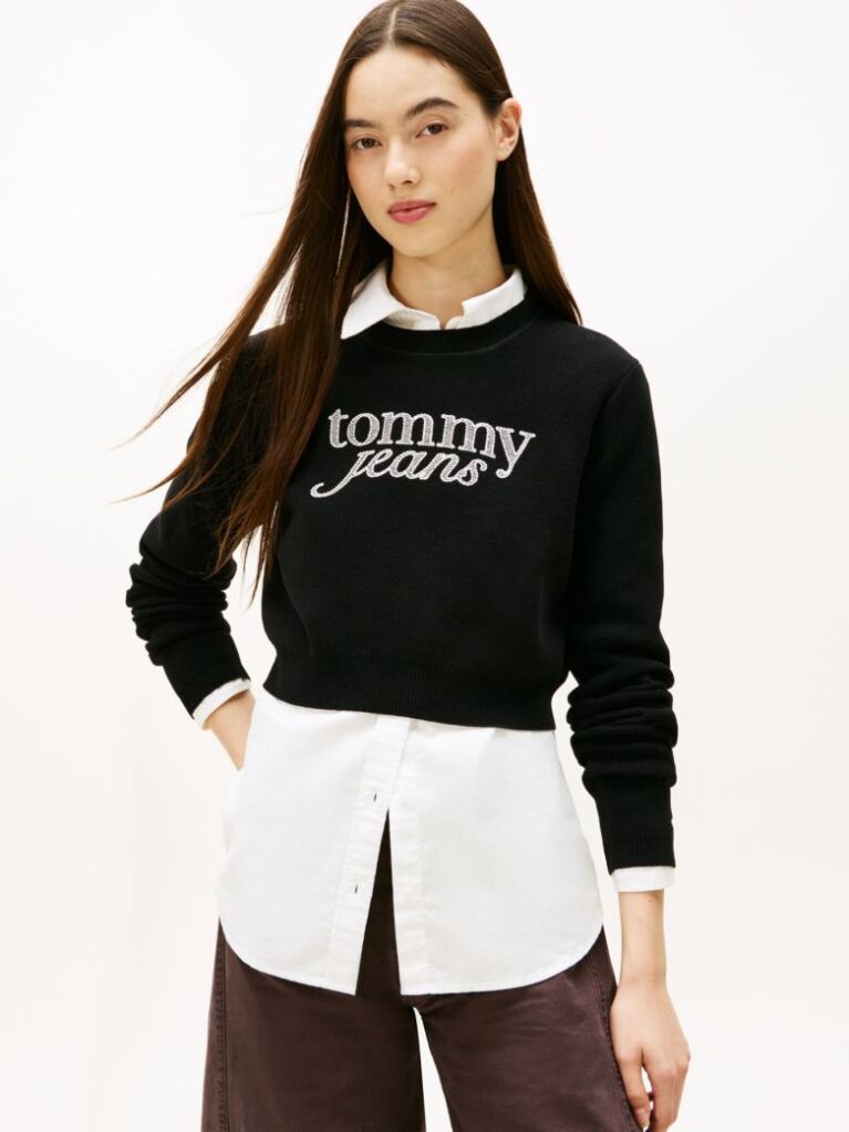 Negru Pulover Cropped Slim Cu Logo Brodat   Femei
