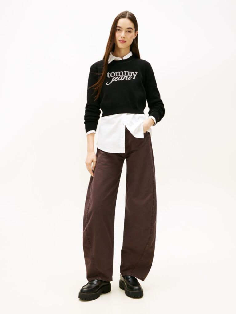Negru Pulover Cropped Slim Cu Logo Brodat   Femei