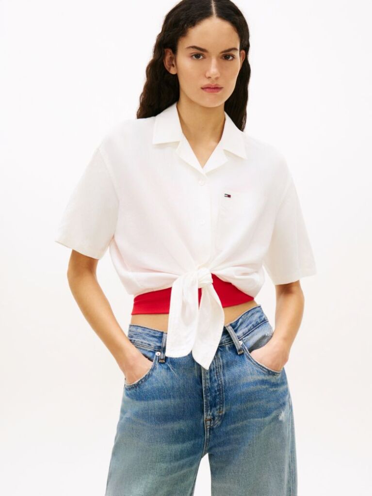 White Relaxed Fit Linen Blend Tie Front Shirt  Women
